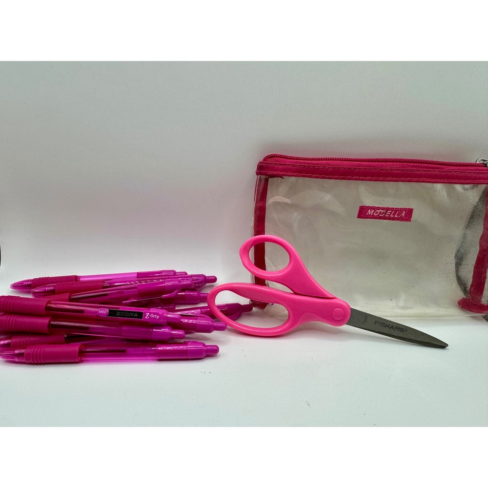 Pink Stationery Set - 12 Pink Zebra Z-Grip Ballpoint Pens Fiskars Scissors Pouch